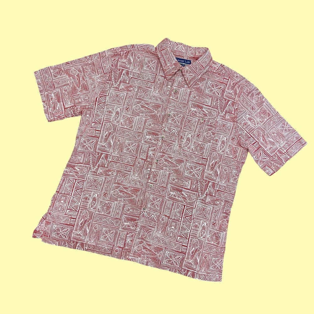 Casual Life Weekender Mens XL Red White Hawaiian Fish Print Cotton Shirt
